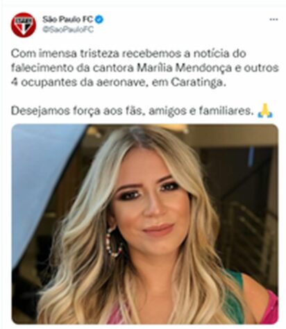 SÃO PAULO: Com imensa tristeza recebemos a notícia do falecimento da cantora Marília Mendonça e outros 4 ocupantes da aeronave, em Caratinga. Desejamos força aos fãs, amigos e familiares.