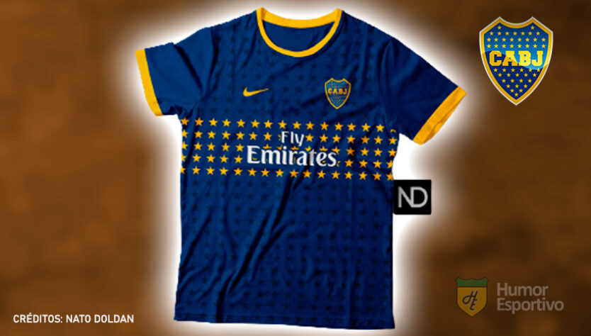 Camisas de times de futebol inspiradas nos escudos dos clubes: Boca Juniors.