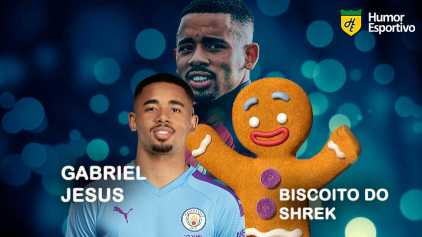 Sósias famosos dos jogadores: Gabriel Jesus e o Biscoito do filme "Shrek".