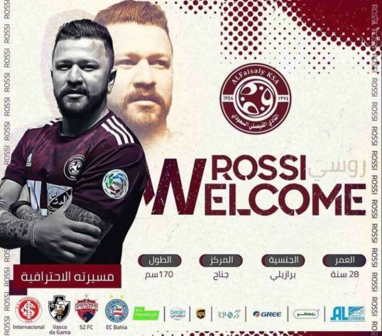 FECHADO! - O Al Faisaly, da Arábia Saudita , anunciou a contratação do atacante Rossi, ex-Bahia, com contrato válido até a metade de 2023.