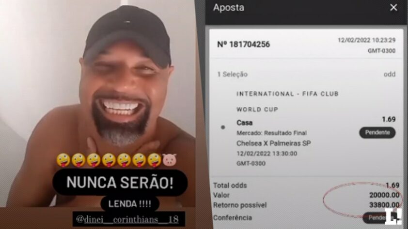 O ex-jogador do Corinthians Dinei dormiu no sábado rindo à toa após apostar R$ 20 mil contra o Palmeiras e lucrar, já que o Chelsea bateu a equipe brasileira na final do Mundial de Clubes. Ele publicou fotos com o lucro da aposta e zoando o Verdão.