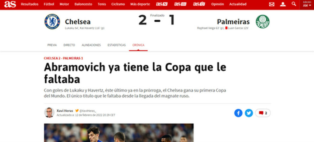 Para o AS (Espanha), os Blues finalmente conquistaram a taça que faltava na coleção de Roman Abramovich, dono do Chelsea desde 2003.