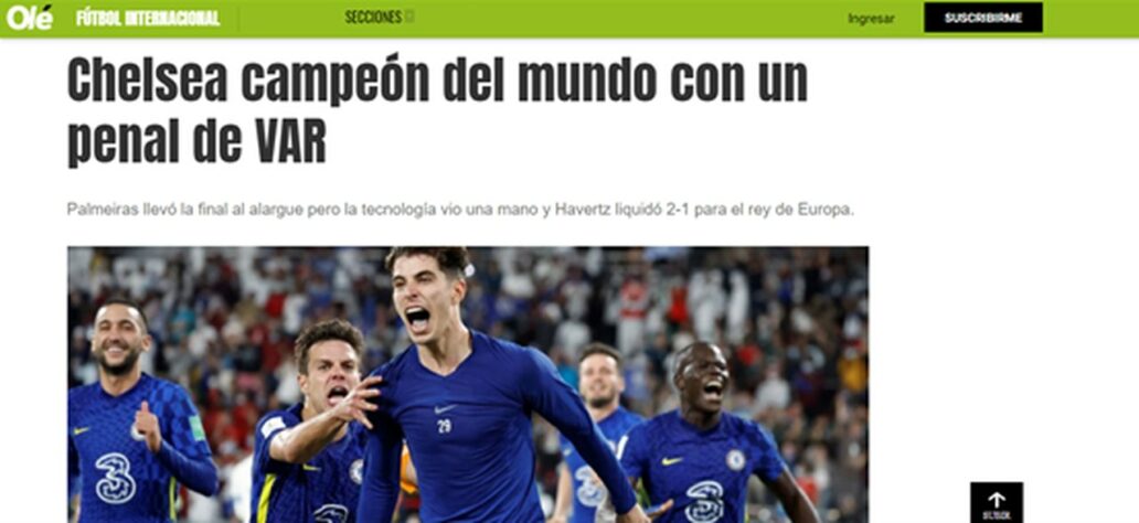 O Diario Olé (Argentina) foi outro que destacou a decisão do VAR, ao marcar o pênalti que definiu o jogo.