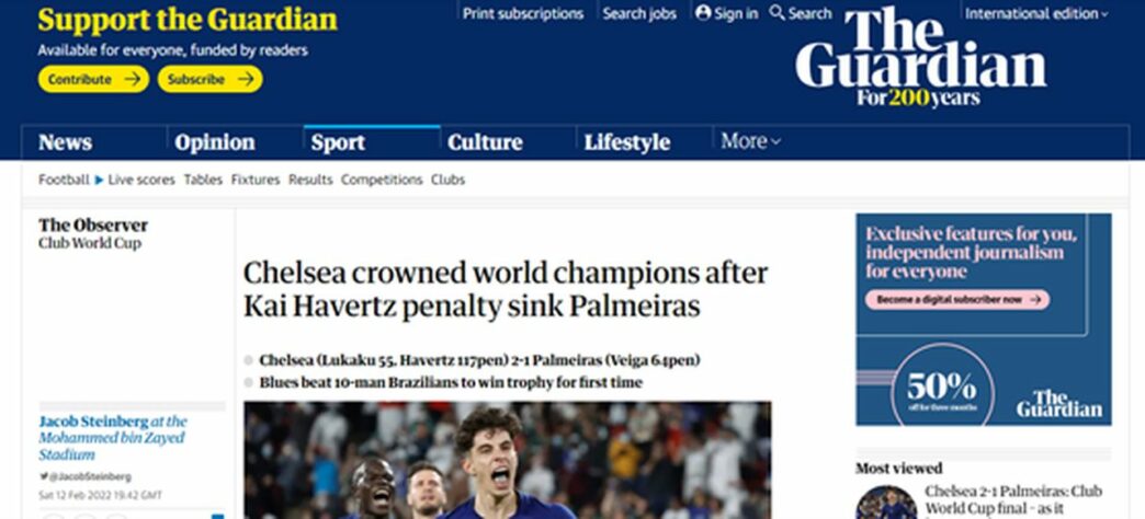 O The Guardian (Inglaterra) foi outro a exaltar Kai Havertz e o gol que resultou no título mundial do Chelsea.