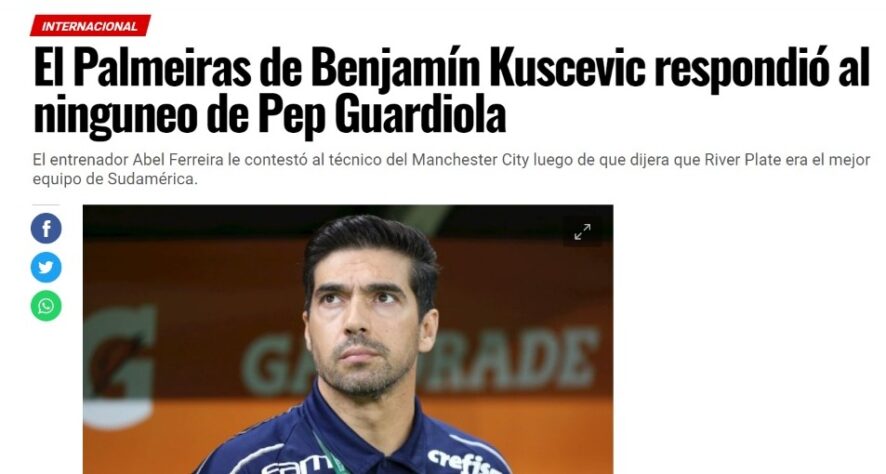 O jornal chileno "En Cancha" destacou a resposta de Abel Ferreira sobre a gafe de Guardiola. O espanhol disse que o River Plate é o atual campeão da América.