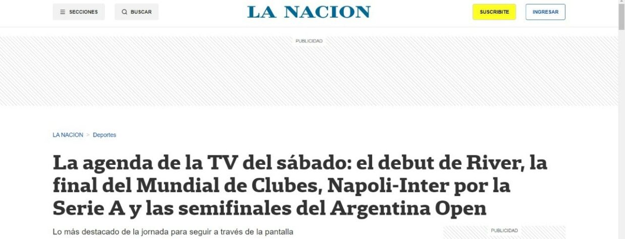 O argentino "La Nación" deu um pequeno destaque para a final do Mundial em uma nota sobre a programação do dia.