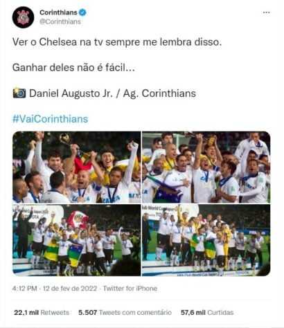 O próprio perfil oficial do Corinthians no Twitter tirou onda dizendo: 'Ganhar deles não é fácil', em alusão ao título Mundial do Timão sobre o Chelsea, em 2012.