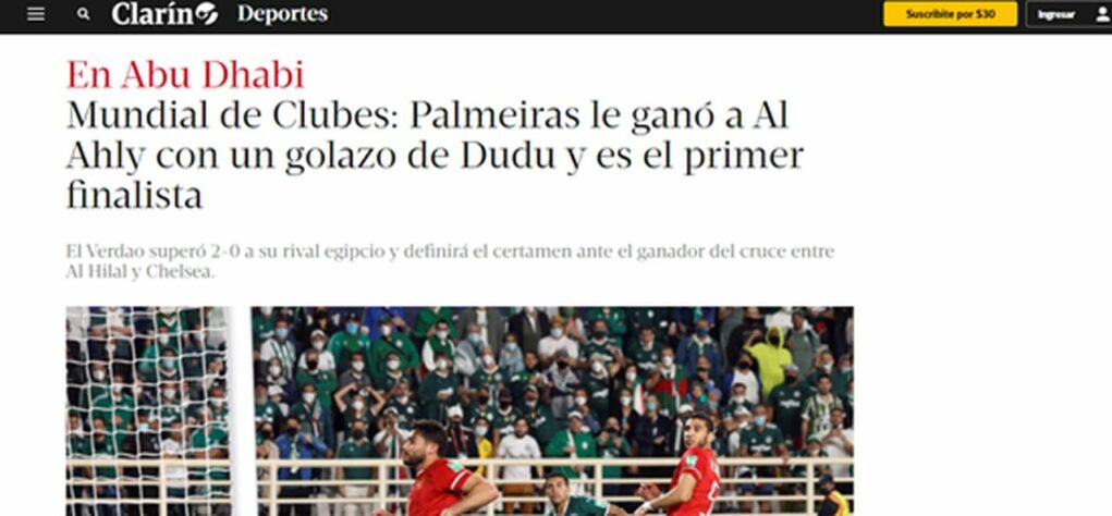 Novamente enfatizando a ótima partida de Dudu, o Clarín apontou o golaço do camisa 7 como determinante para a classificação.