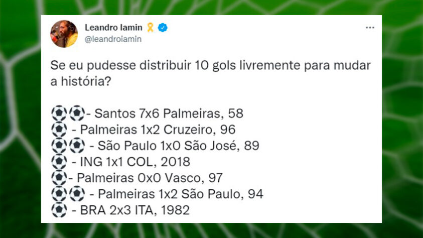 Nesta quarta-feira, uma brincadeira no Twitter puxada pelo perfil Leandro Iamin mexeu com o imaginário do torcedor. A dinâmica consistia em responder "o que você faria se tivesse 10 gols que poderiam mudar a história?". Confira algumas respostas! (Por Humor Esportivo)