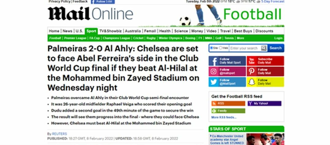 O Mail Online também elogiou o belo gol de Dudu e praticamente colocou o Chelsea como adversário da final.