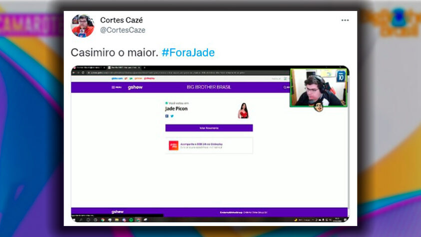 Casimiro foi às redes sociais declarar sua torcida pela saída de Jade Picon.