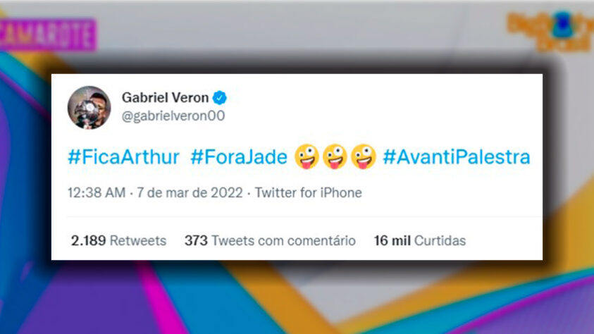 Gabriel Veron, jogador do Palmeiras, declarou sua torcida por Arthur Aguiar.