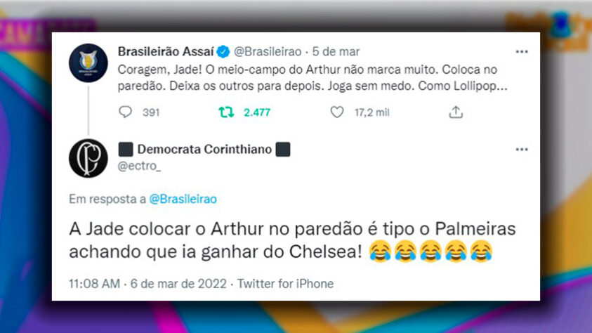 O perfil do Brasileirão já havia brincado com a possibilidade do paredão entre Arthur e Jade.