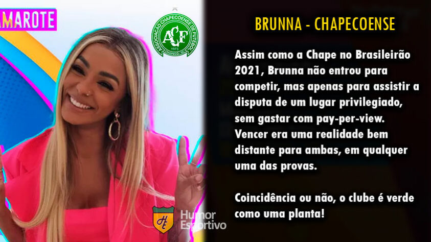 Futebol e Big Brother Brasil: Brunna Gonçalves seria a Chapecoense.