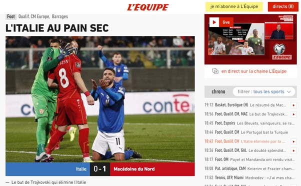 "Itália ao pão seco". Assim o L'Equipe (França) satiriza a derrota dos italianos.
