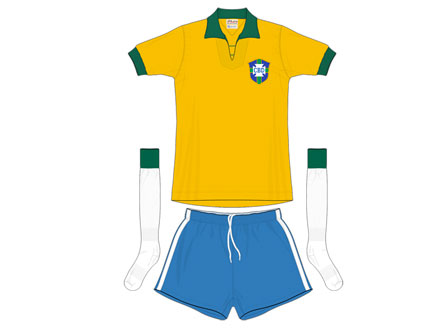 1954 - Após o fatídico 'Maracanaço' de 1950, em que o Brasil foi derrotado para o Uruguai na final da Copa do Mundo (no Maracanã), a camisa branca virou sinônimo de azar. Portanto, a Seleção inaugurou a camisa amarela, mas o design era muito semelhante ao de 1950.