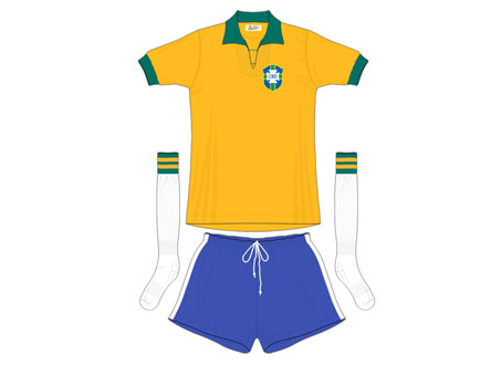 1958 - Ano do primeiro título mundial do Brasil, a Seleção praticamente repetiu o modelo da Copa do Mundo anterior. Apenas o escudo da CBD era menor.