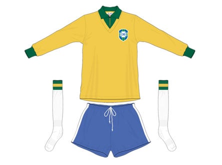 1962 - O uniforme seguiu praticamente igual ao da Copa do Mundo anterior, porém com mangas compridas. Na final, contra a Tchecoslováquia, a Seleção utilizou a camisa amarela, não precisando entrar de azul como em 1958, e levou a taça.