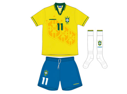 1994 - Uma das camisas mais diferenciadas do Brasil, nesta edição, na qual o Brasil levantou a taça do Mundial, o uniforme teve marcas d'água com outros escudos, alterações na gola, foi produzido pela Umbro e era 100% de poliéster. 