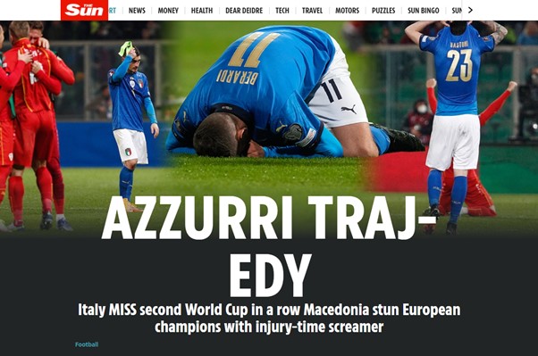 O The Sun (Inglaterra) brinca com o nome do iluminado jogador da Macedônia do Norte que realizou o gol ao mesclar com a palavra "Tragédia".
