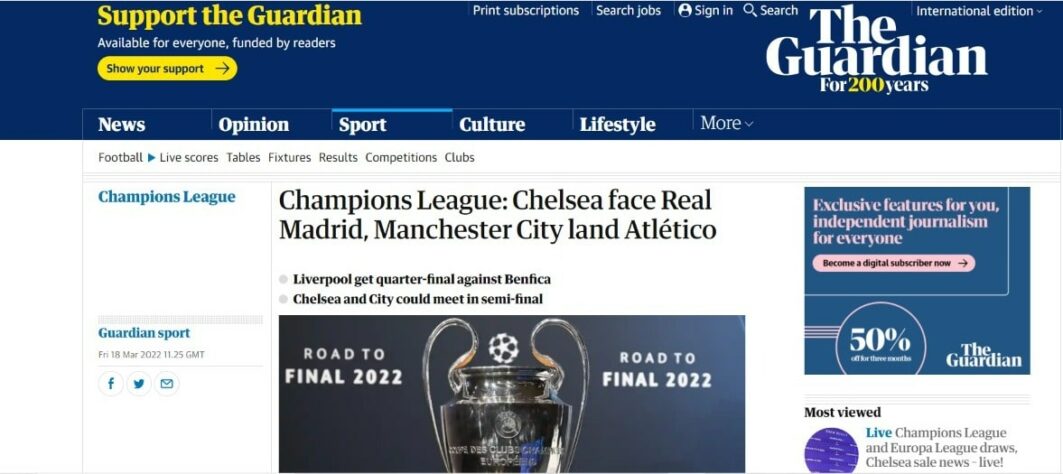 O "The Guardian", da Inglaterra, deu simples destaques para os adversários de Chelsea e Manchester City.