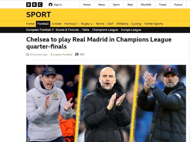 A BBC da Inglaterra deu mais destaque ao grande duelo entre Chelsea e Real Madrid.