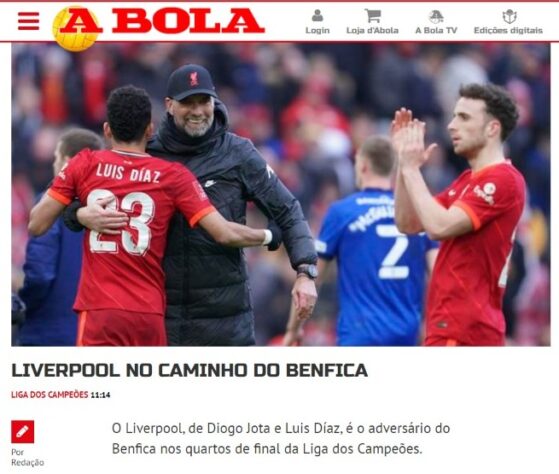 O português "A Bola" deu ênfase ao difícil adversário do Benfica: o Liverpool.