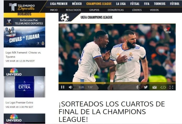 O "Telemundo Deportes" (México) apenas relatou os duelos definidos das quartas de final da Champions League.