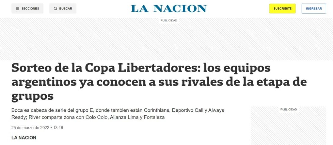 O argentino 'La Nación' destacou os grupos de Boca Juniors e River Plate.