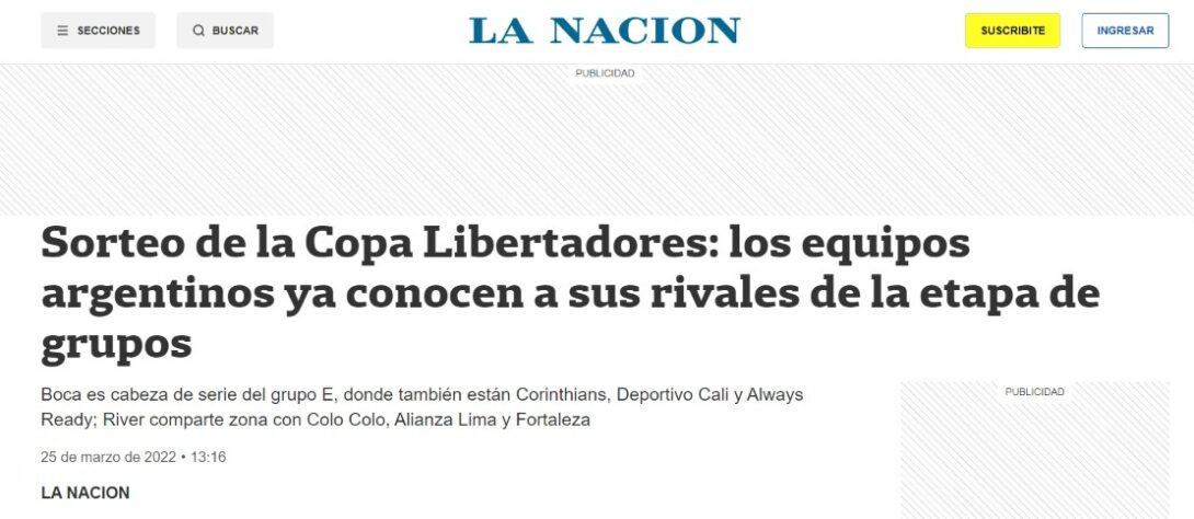 O argentino 'La Nación' destacou os grupos de Boca Juniors e River Plate.