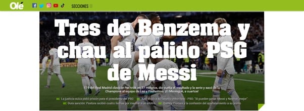 O Diario Olé (Argentina) exaltou o hat-trick de Benzema e a atuação apagada de Lionel Messi.