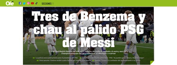 O Diario Olé (Argentina) exaltou o hat-trick de Benzema e a atuação apagada de Lionel Messi.