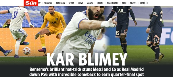 O The Sun (Inglaterra) brincou com o nome de Benzema para noticiar a performance brilhante do atacante.