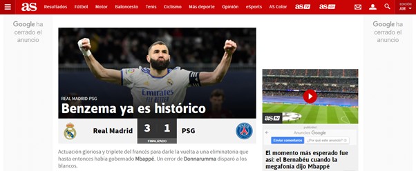 "Benzema já é histórico", foi assim que o AS (Espanha) declarou o feito de Karim Benzema.