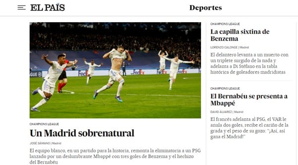 O El País (Espanha) chamou de "sobrenatural" a equipe de Madrid. Além disso, citou que o jogo ficará na história.