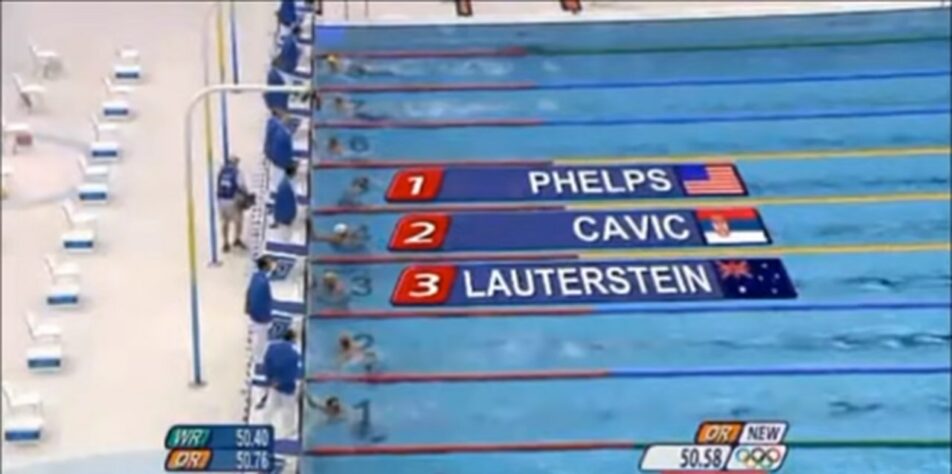 Vitória de Michael Phelps nos 100m borboleta na Olimpíada de Pequim: "Só um gênio para ganhar essa prova! Michael Phelps, braçada com braçada. Ele e Cavic. Vai perder, vai ganhar, vai perder, vai ganhar. Perdeu... Ganhou! Michaaael Phelps!"