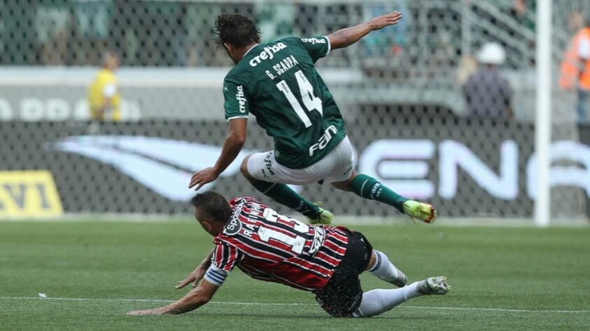 Bola rolando entre Palmeiras e São Paulo.