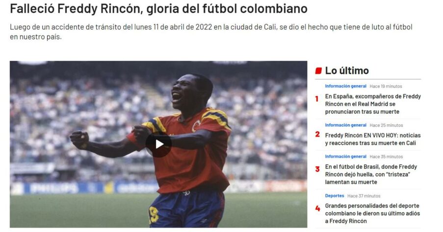 Ainda na Colômbia, o "Gol Caracol" chamou Rincón de "glória do futebol colombiano".