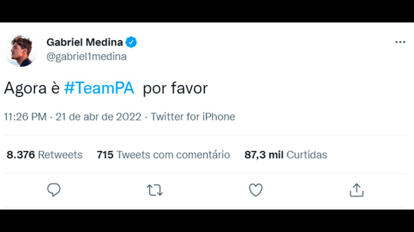 Gabriel Medina declarou seu apoio ao Paulo André com um tweet: "Agora é #TeamPA, por favor"