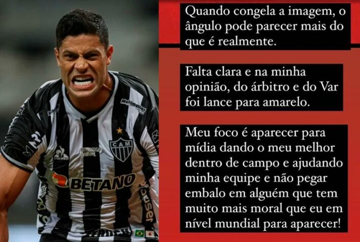 Diante da grande repercussão, Hulk usou o Instagram para dar sua opinião sobre o lance e cutucar Gabigol, que supostamente estaria querendo "pegar embalo em alguém com muito mais moral em nível mundial".