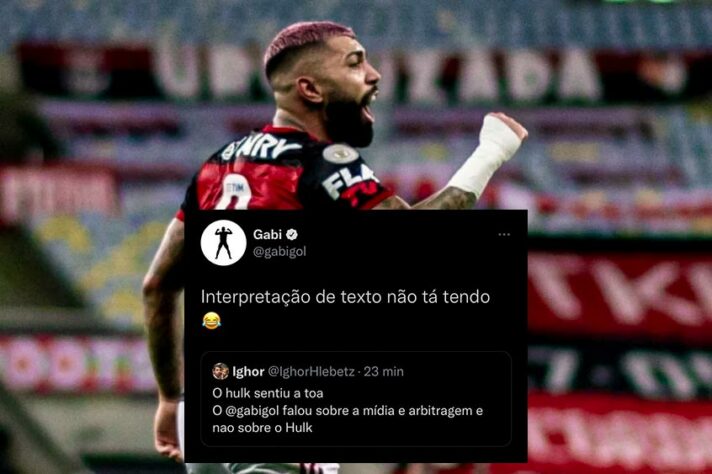 Na sequência, novamente Gabigol usou o Twitter para ironizar a interpretação de texto de Hulk.