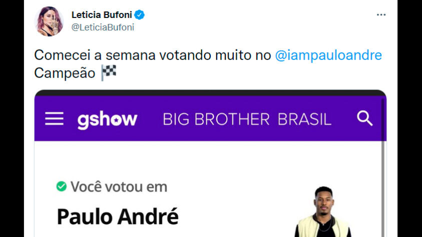 Letícia Bufoni declarou que realizou diversos votos para o Paulo André e já chamou ele de "Campeão".