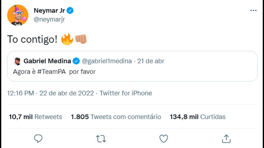 Em repostagem da fala de Gabriel Medina, Neymar demonstrou compartilhar o posicionamento do Surfista. "Tô contiga", disse o jogador.