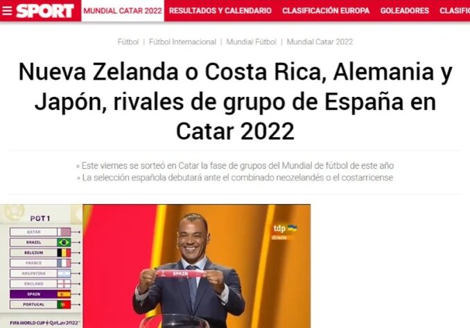 O 'Sport' apenas destaca os adversários da Espanha no Grupo E.