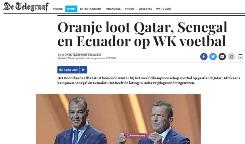 O holandês De Telegraaf noticiou o Grupo da Seleção, que ficou no "A", com Catar, Equador e Senegal.