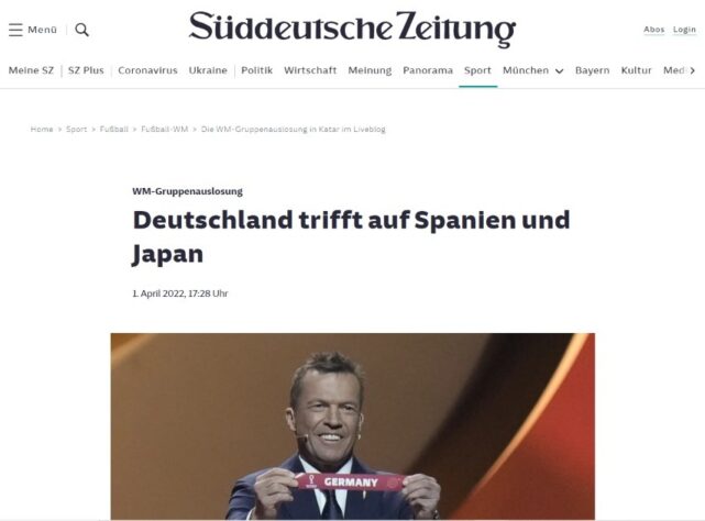 O alemão 'Süddeutsche Zeitung' destacou os adversários dos tetracampeões mundiais no Grupo E: Espanha e Japão.