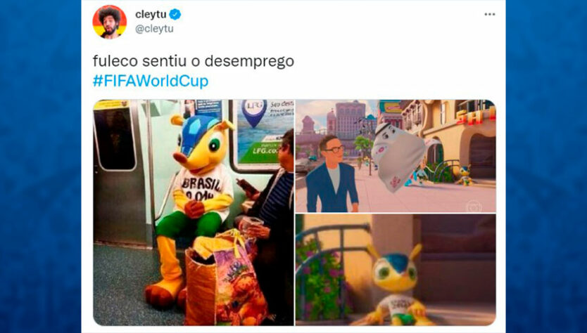 Fuleco apareceu sentado em uma parte da apresentação do novo mascote e não faltaram brincadeiras com a cena.