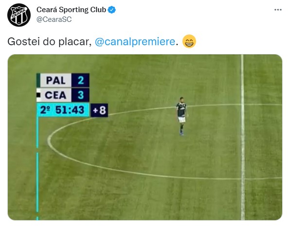 O perfil oficial do Ceará também brincou com o resultado e fez referência ao novo placar das transmissões do Premiere.
