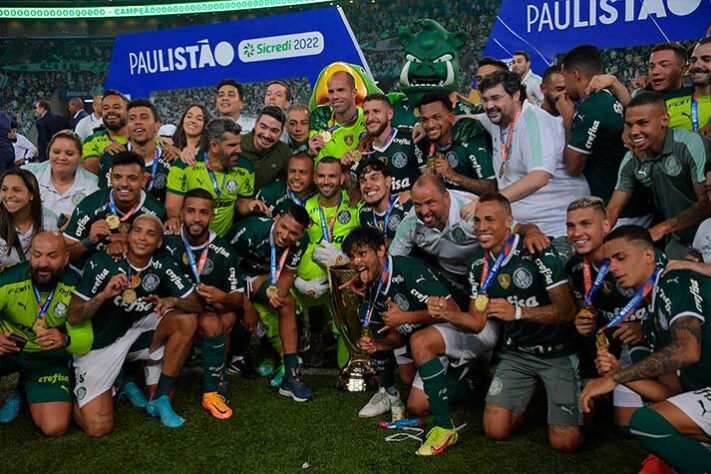 Sao Paulo, Brazil. 03rd Apr, 2022. SP - Sao Paulo - 03/04/2022 - PAULISTA  2022 FINAL, PALMEIRAS X SAO PAULO - Jogadores do Palmeiras comemoram titulo  de campeao apos partida contra o