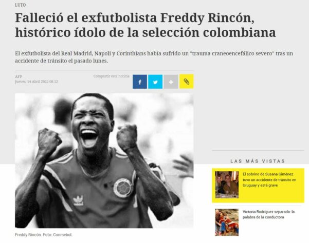 O uruguaio "El País" falou da idolatria de Rincón e citou sua trajetória como jogador.